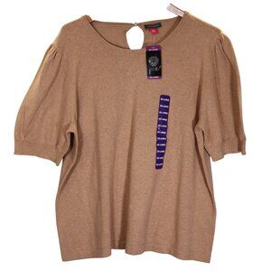 Vince Camuto Womens Latte Heather XX-Large Sweater With Puff Sleeves Keyhole Bac